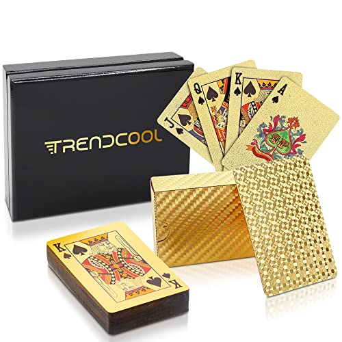 Trendcool Cartas Poker. Baraja Poker Juego de Mesa con Caja Madera. Baraja de Cartas Poker Impermeable. Baraja Poker Doradas, Oro. (Gold+Box)