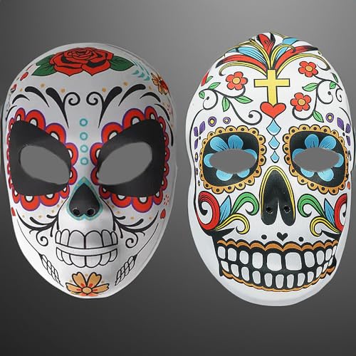 TRIXES Juego de 2 Máscaras de Calavera de Azúcar para Halloween - Máscara del Día de Muertos - Mascarada Mexicana - Accesorios para Fiesta de Disfraces de Cosplay - Calavera de Azúcar Multicolor