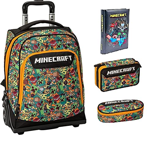 Trolley Mochila Compatible con Minecraft Funtage + Estuche completo de 3 niveles y ovalado Zip + Diario 2022/2023 + 7 bolígrafos borrables y llavero juego cubo y bolígrafo multicolor