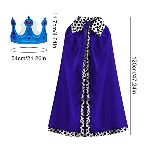 TSHAOUN Capa de Rey y Reina Adulto, 2 Pcs Túnicas Reales con Corona, Capa de Terciopelo Disfraz de Reina Rey para Halloween, Carnaval, Disfraces, Fiestas Temáticas, Hombres y Mujeres, 120cm (Azul)