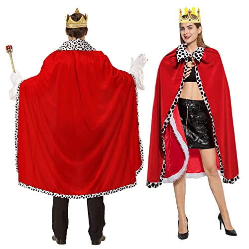 TSHAOUN Capa de Rey y Reina, Túnica Roja Capa de Adulto con Corona Juego de Cosplay Rey Reina para Halloween, Carnaval, Disfraces, Fiestas Temáticas, Hombres y Mujeres, 120cm (Rojo)