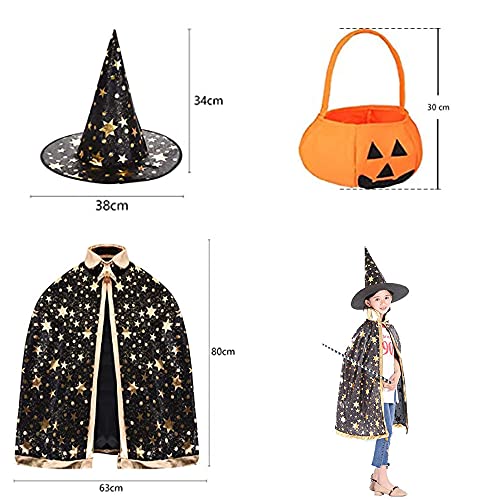 Tuofang Capa de Mago de Halloween para Ninos, Sombrero de Brujo de Halloween, Capa de Estrella con Sombrero, Bolsa de Caramelo de Calabaza, para Niños Niña Disfraz de Cosplay ​Fiesta (negro)