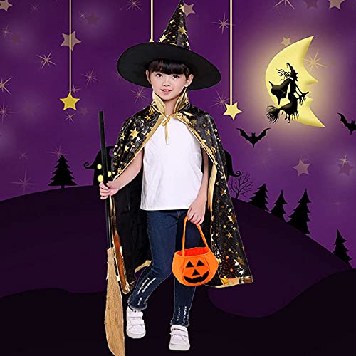 Tuofang Capa de Mago de Halloween para Ninos, Sombrero de Brujo de Halloween, Capa de Estrella con Sombrero, Bolsa de Caramelo de Calabaza, para Niños Niña Disfraz de Cosplay ​Fiesta (negro)