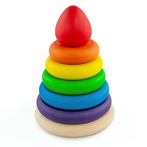 Ulanik Apilador de Anillos Juguete Montessori Anillos de Apilamiento de Madera Juego Apilador de Arco Iris 5 Piezas 17 cm Edad 1+ Educación de Aprendizaje Preescolar