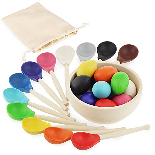 Ulanik Huevos y Cucharas Juguete Montessori Juego Clasificador de Madera 12 Huevos 45 mm Edad 1+ Clasificación y Conteo de Colores Educación de Aprendizaje Preescolar