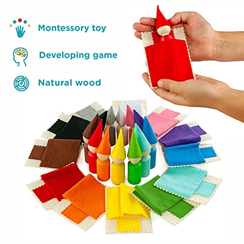 Ulanik Muñecas Peg con Sombreros y Camas Juguete Montessori Juego Clasificador de Madera 12 Gnomos 60 mm Edad 3+ Clasificación y Conteo de Colores Muñecas Peg Educación Preescolar