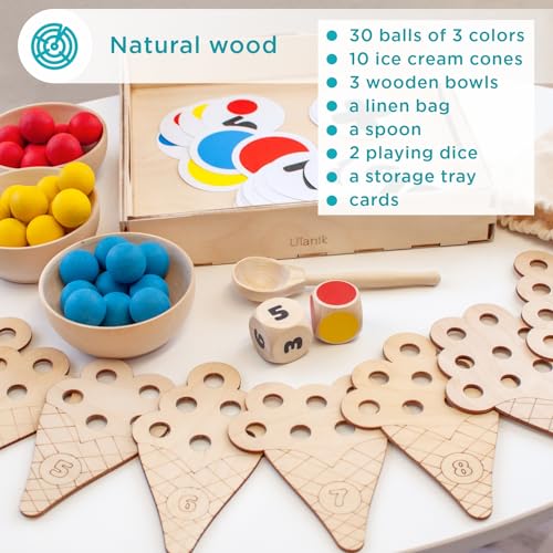 Ulanik Sweet Counting Montessori Toy Juego Clasificador de Madera 30 Bolas 25 mm Edad 1+ Clasificación y Conteo de Colores Educación de Aprendizaje Preescolar