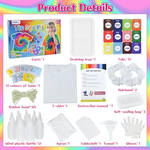 Ulikey Tie Dye Kit, Kit de Tintes de 12 Colores para Teñir Tela y Ropa, Tinte Ropa Kit de Teñido para Niños con Camiseta y Cinta para el Pelo, Tie Dye Kit Manualidades para Niños y Adultos (M)