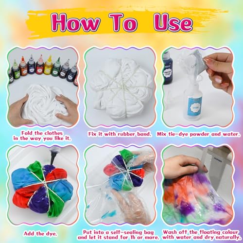 Ulikey Tie Dye Kit, Kit de Tintes de 12 Colores para Teñir Tela y Ropa, Tinte Ropa Kit de Teñido para Niños con Camiseta y Cinta para el Pelo, Tie Dye Kit Manualidades para Niños y Adultos (M)