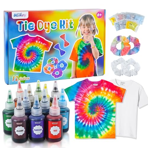 Ulikey Tie Dye Kit, Kit de Tintes de 12 Colores para Teñir Tela y Ropa, Tinte Ropa Kit de Teñido para Niños con Camiseta y Cinta para el Pelo, Tie Dye Kit Manualidades para Niños y Adultos (M)