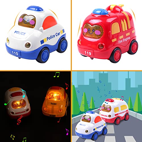 Umitive Coche Juguete para Bebé, 4 Piezas Diferentes Temas Conjunto de Vehículos y Música y Luz, Juguetes de Coche Regalos para Niños y Niñas 1 2 3 Años