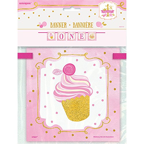 Unique- Guirnalda de Letras: Fiesta de Primer Cumpleaños para Niña, Color pink & gold, 1,2 m (58157)