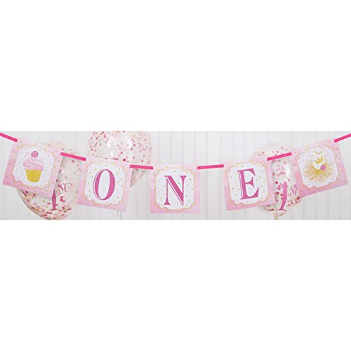 Unique- Guirnalda de Letras: Fiesta de Primer Cumpleaños para Niña, Color pink & gold, 1,2 m (58157)