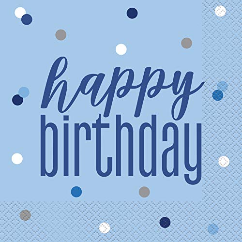 Unique Party - Servilletas de Papel de Cumpleaños - Diseño de Azul y Plateado Glitz - Paquete de 16 (83592)