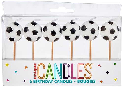 Unique-Soccer Balls Birthday Pick Candles | 6 Pcs. Paquete de 6 velas de cumpleaños con forma de balón de fútbol, color blanco, 6 count (71187)