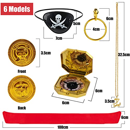 UYDF Accesorios para Disfraces de Piratas, Juego de Accesorios Disfraz Pirata, Set de Rol de Pirata, Bandana de Pirata, Aretes de Aro, Parche de Ojo, Collar, Brújula y Moneda para Halloween Cosplay