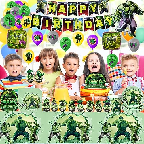 Vajilla Hulk,Decoracion Cumpleaños Vajilla Hulk,Juego de Vajilla Fiesta Hulk,Globos ,Mantel,Banners,Plato,Decoración Cumpleaños Niños