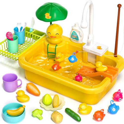 vamei 2 in 1 Juego de Juguetes de Cocina Juego de Fregadero de Cocina con Agua Fluida Frutas Vajilla Accesorios Utensilios de Cocina Juego de rol Juguetes de Cocina para Niños 2 3 4 5 6 7 8 años