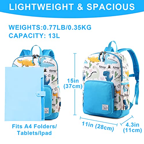 VASCHY Mochila Niño, Mochila Dinosaurio Niño Linda Resistente al Agua Mochila Escolar para Niños de 4-6 Años Mochila Infantil con Correa de Pecho Etiqueta de Nombre para Escuela Viaje, 13 L