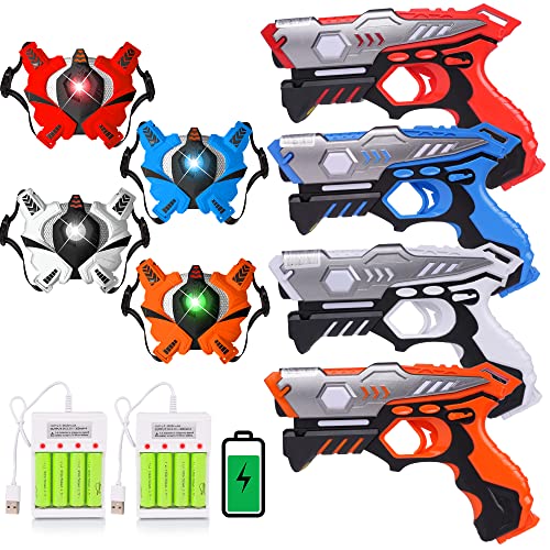 VATOS Ricaricabile Pistola Láser - Juego de Pistola Láser Infrarrojo con Chalecos 4 Pack Juego Multifunción para Niños Interior y Exterior Regalos Divertidos Grupales para Niños de 6+ Años Niños Niñas