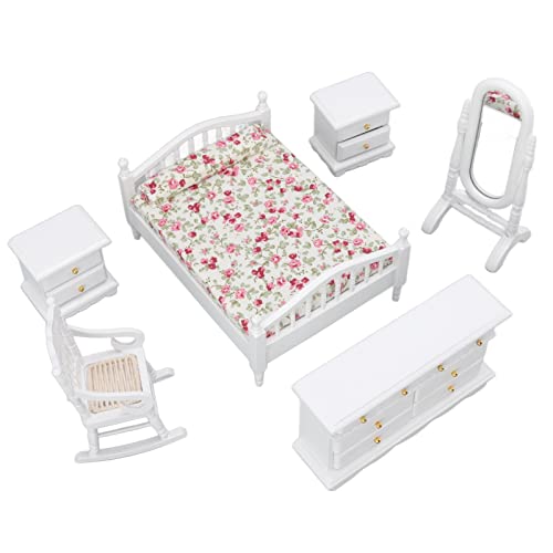 Vbestlife Casa de Mu?ecas de 6 Piezas, Muebles de Dormitorio, Escala 1:12, Juego de Muebles de Dormitorio de Casa de Mu?ecas Delicada en Miniatura, Romance de Flores Blancas en Miniatura