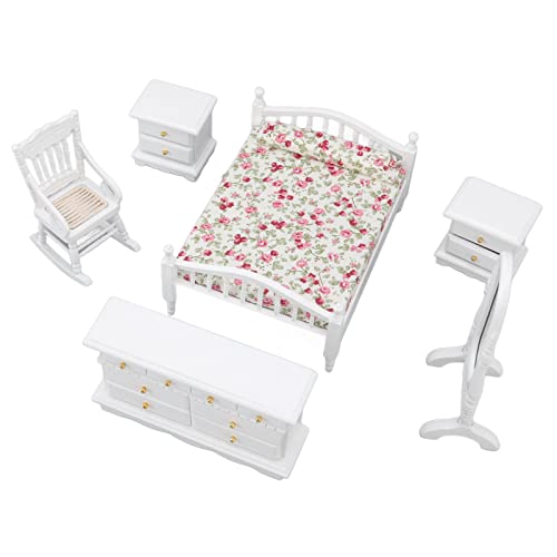 Vbestlife Casa de Mu?ecas de 6 Piezas, Muebles de Dormitorio, Escala 1:12, Juego de Muebles de Dormitorio de Casa de Mu?ecas Delicada en Miniatura, Romance de Flores Blancas en Miniatura