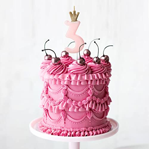 Vela en forma de número 3 para tarta de cumpleaños, rosa con corona de purpurina dorada para niña, fiesta de bebé, fiesta de aniversario