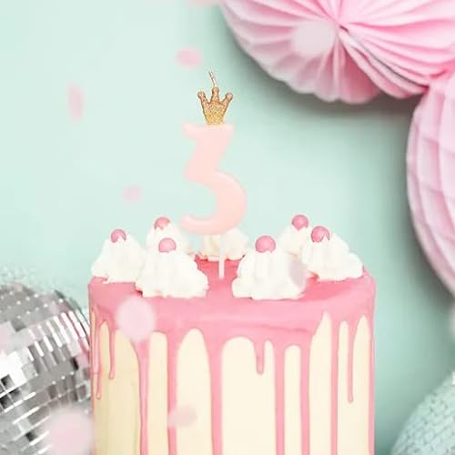 Vela en forma de número 3 para tarta de cumpleaños, rosa con corona de purpurina dorada para niña, fiesta de bebé, fiesta de aniversario