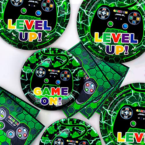 Videojuegos Suministros para Fiesta, 128pcs Juego Vajillas para Videojuegos - Platos de Fiesta de Videojuegos Servilletas Vasos Mantel Pancarta etc Video Game Cumpleaños Decoración para Niños