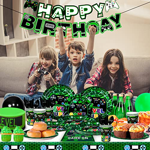 Videojuegos Suministros para Fiesta, 128pcs Juego Vajillas para Videojuegos - Platos de Fiesta de Videojuegos Servilletas Vasos Mantel Pancarta etc Video Game Cumpleaños Decoración para Niños