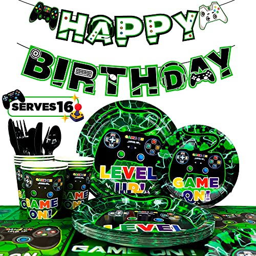 Videojuegos Suministros para Fiesta, 128pcs Juego Vajillas para Videojuegos - Platos de Fiesta de Videojuegos Servilletas Vasos Mantel Pancarta etc Video Game Cumpleaños Decoración para Niños