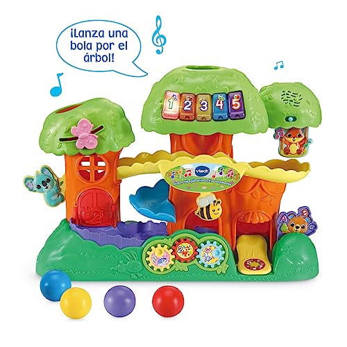 VTech - Árbol tobogán interactivo Lanzabolas, Juguete para niños +1 año, Lanza las bolas y aprende números, animales, colores, Versión ESP