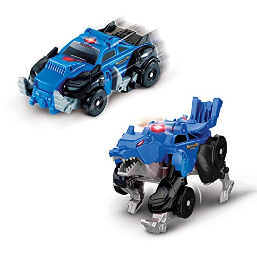 VTech - Switch&Go Dinos OneClick, Sabueso el lobo coche patrulla, Dinosaurios y figuras de acción, Juguete transformable en 1click 2en1 Dino-Car, Para niños +3 años, Versión ESP