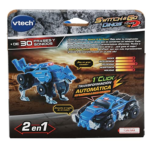 VTech - Switch&Go Dinos OneClick, Sabueso el lobo coche patrulla, Dinosaurios y figuras de acción, Juguete transformable en 1click 2en1 Dino-Car, Para niños +3 años, Versión ESP