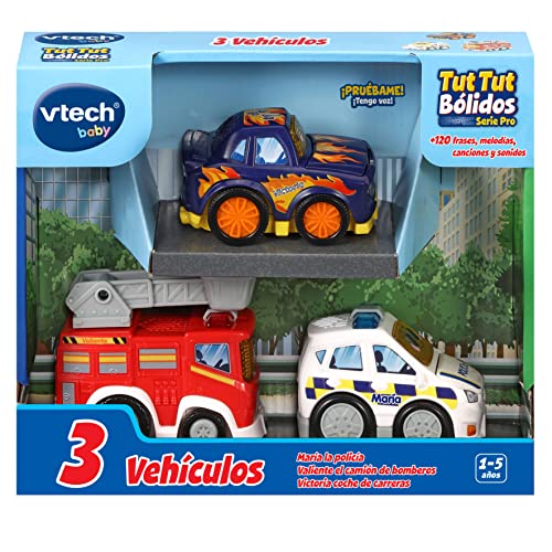 VTech - TutTut Bólidos Pack de 3 Coches con botón Sorpresa, María la policía, Valiente camión de Bomberos y Victoria Coche Carreras, Multicolor, Versión ESP