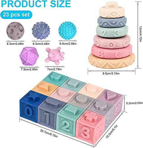 vvhippo Juguetes Bebes 6-12 Meses, 23 Piezas Baby Blocks Juguetes de Construcción Suaves Mordedor Juguetes Sensoriales Montessori, Regalos para bebés de 6 9 12 Meses/1 año