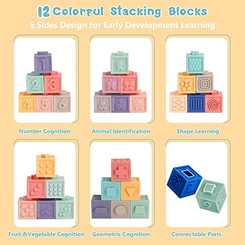 vvhippo Juguetes Bebes 6-12 Meses, 23 Piezas Baby Blocks Juguetes de Construcción Suaves Mordedor Juguetes Sensoriales Montessori, Regalos para bebés de 6 9 12 Meses/1 año