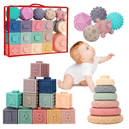 vvhippo Juguetes Bebes 6-12 Meses, 23 Piezas Baby Blocks Juguetes de Construcción Suaves Mordedor Juguetes Sensoriales Montessori, Regalos para bebés de 6 9 12 Meses/1 año