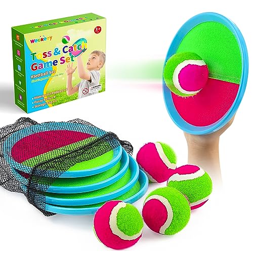 Weokeey Juego de Pelota para Niños, Juego de Bolas de Atrapar con 4 Paletas & 4 Pelotas Juegos de Exterior para Niños Impermeable Pelotas de Playa para Patio, Jardín, Interior & Exterior