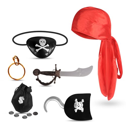 whatstem Disfraz de pirata para niños, disfraz de pirata para fiesta de Halloween, juego de 7 piezas, disfraz de carnaval, disfraz de tripulación pirata, juego de rol, accesorios para niños y niñas