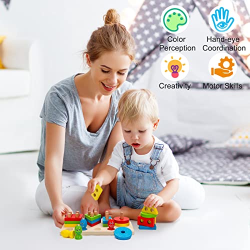 Wisplye Juguetes Montessori Educativos Puzzles, Magneticos Juego de Pescar Apilador Geométrico de Madera para Clasificar Apilar Encajar Apilables para Niños Niñas Bebés de 3 4 5 6 Años