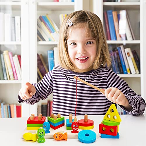 Wisplye Juguetes Montessori Educativos Puzzles, Magneticos Juego de Pescar Apilador Geométrico de Madera para Clasificar Apilar Encajar Apilables para Niños Niñas Bebés de 3 4 5 6 Años