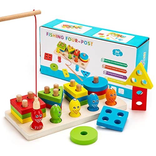 Wisplye Juguetes Montessori Educativos Puzzles, Magneticos Juego de Pescar Apilador Geométrico de Madera para Clasificar Apilar Encajar Apilables para Niños Niñas Bebés de 3 4 5 6 Años