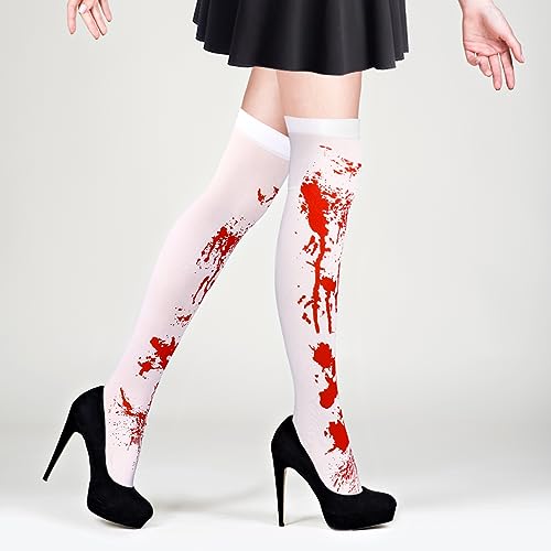 WLLHYF Medias sangrientas de Halloween Cosplay Calcetines altos Traje manchado de sangre blanca y roja Medias de terror sobre la rodilla Medias largas para mujeres Niñas Fiesta de Halloween Cosplay