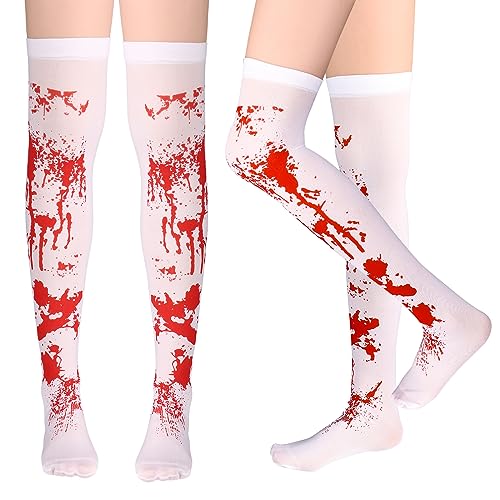 WLLHYF Medias sangrientas de Halloween Cosplay Calcetines altos Traje manchado de sangre blanca y roja Medias de terror sobre la rodilla Medias largas para mujeres Niñas Fiesta de Halloween Cosplay