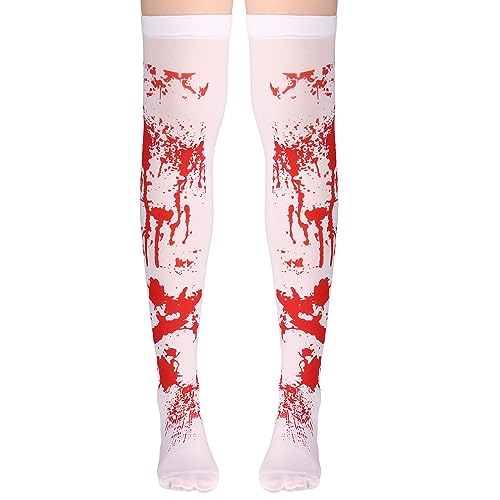 WLLHYF Medias sangrientas de Halloween Cosplay Calcetines altos Traje manchado de sangre blanca y roja Medias de terror sobre la rodilla Medias largas para mujeres Niñas Fiesta de Halloween Cosplay