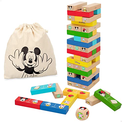 WOOMAX Disney - Torre de bloques infantil Disney, Juego apilable de Mickey, Juego de construcción para niños 4 años, Bloques de madera, Juguetes de madera, +4 años