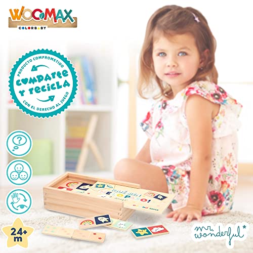 WOOMAX - Dominó de madera infantil, Mr Wonderful, Juegos estimulación cognitiva, de mesa clásicos, +24 meses