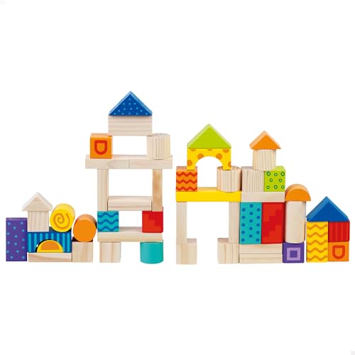 WOOMAX, Juegos de construcción, 50 Piezas, Bordes Redondeados, Construcciones para niños 24 Meses, Incluye Cubo con Tapa y asa, Juegos Piezas encajables, Torre de Bloques (49764)