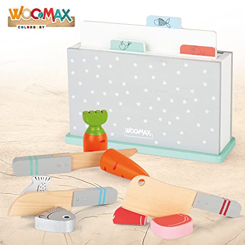 WOOMAX Tabla de Cortar de Madera para Niños, Cuchillos de Juguete, Comida, Juguetes de Hogar, 13 Piezas, +2 Años, 49329